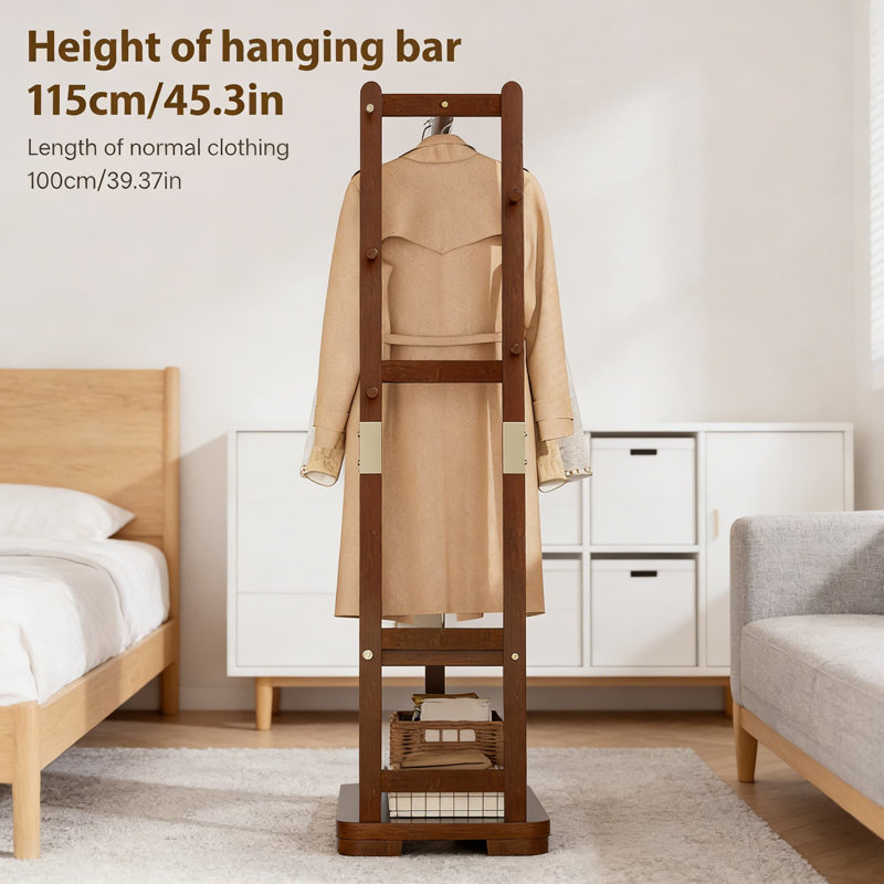 Latitude Run® Solid Wood Coat Rack With 2 Storage Shelves & 4